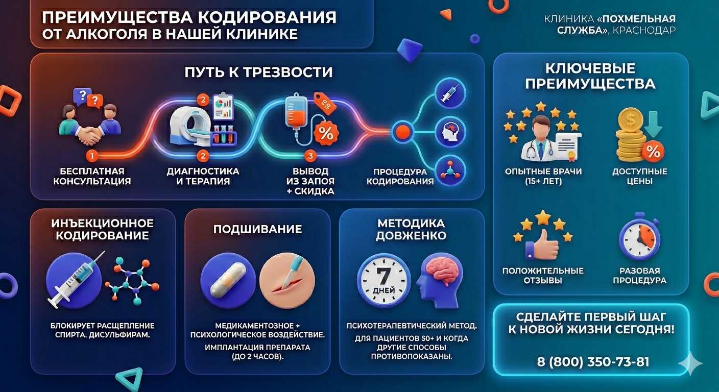 Инфографика о методах кодирования от алкоголя в Окуловке: инъекции, подшивание, метод Довженко. Преимущества клиники и этапы лечения.